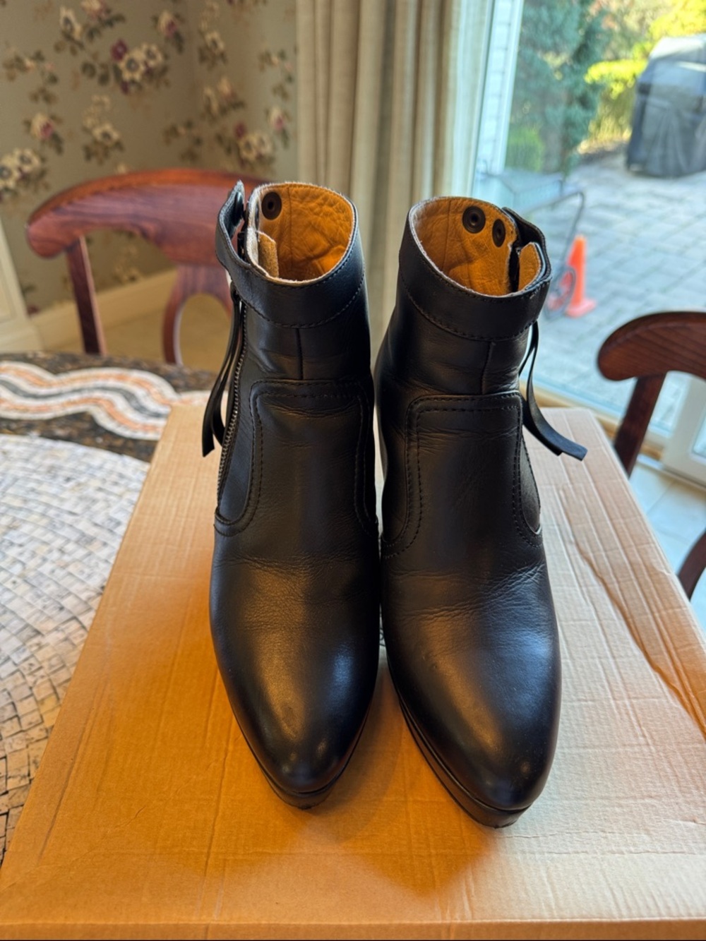 Acne Black Leather Pointed Ankle Booties with Ankle Strap